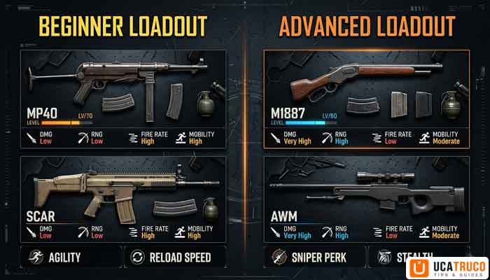 Top 10 Free Fire MAX Tips to Win Every Match 4 Free Fire MAX weapon combination guide showing best loadouts for beginners and advanced players in 2026