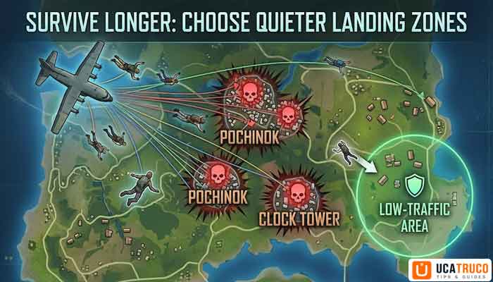 Top 10 Free Fire MAX Tips to Win Every Match 2 Free Fire MAX map showing best landing zones for beginners and safe low-risk drop locations