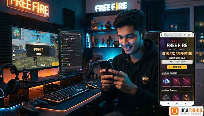 Indian gamer redeeming Free Fire codes on phone with Garena rewards website open